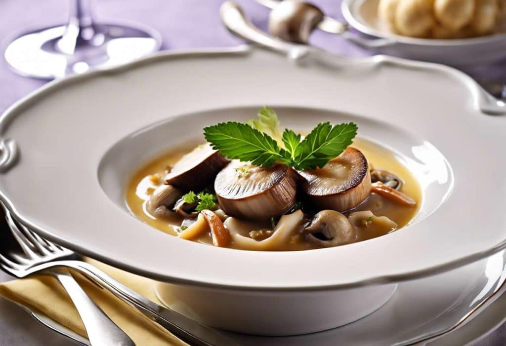Comment préparer des ravioles aux champignons de Paris et pieds de cochon avec un bouillon mousseux à la truffe ?